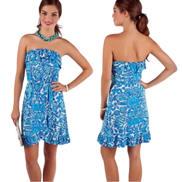 Lilly Pulitzer Strapless Ruffe Dress in Flor Shorely Blue Sailors Valentine - S - Picture 3 of 14